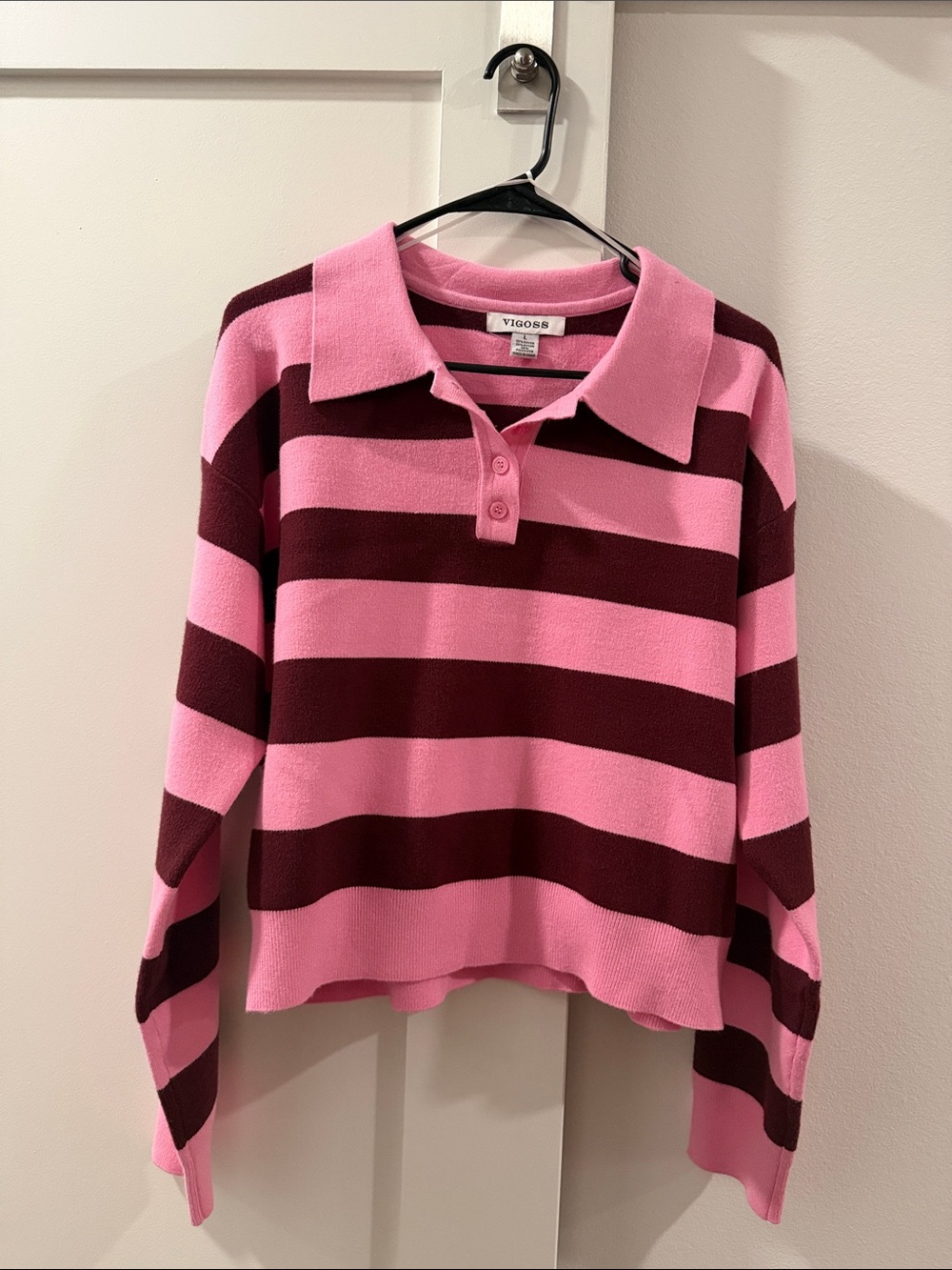 Vigoss Pink and Burgundy Striped Polo Sweater